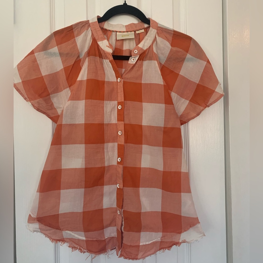 Maeve By Anthropologie Orange & White Buffalo Plaid, Flutter Sleeves, size Small